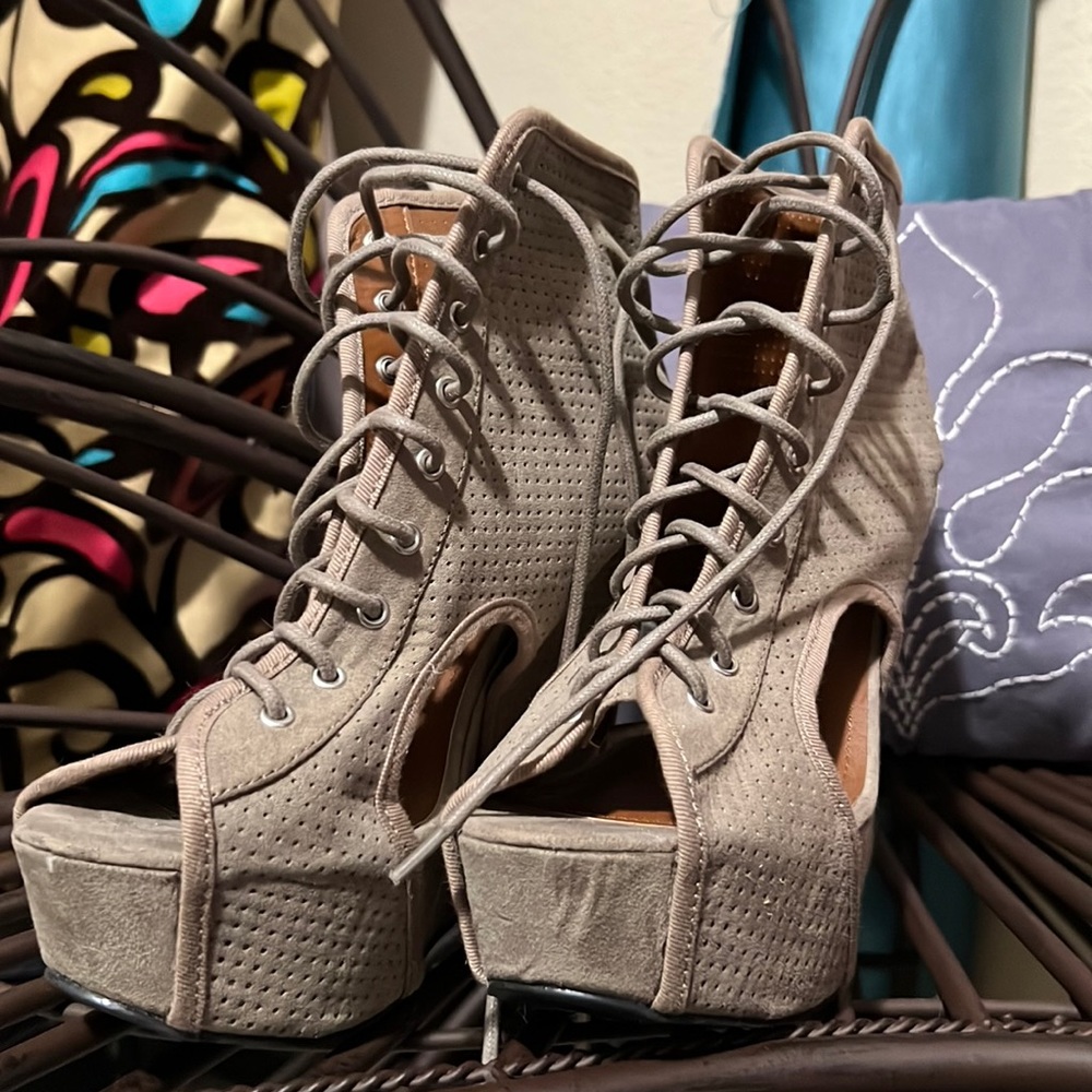 Faux Suede Perforated Peep-Toe Wedge Bootie size 7 1/2